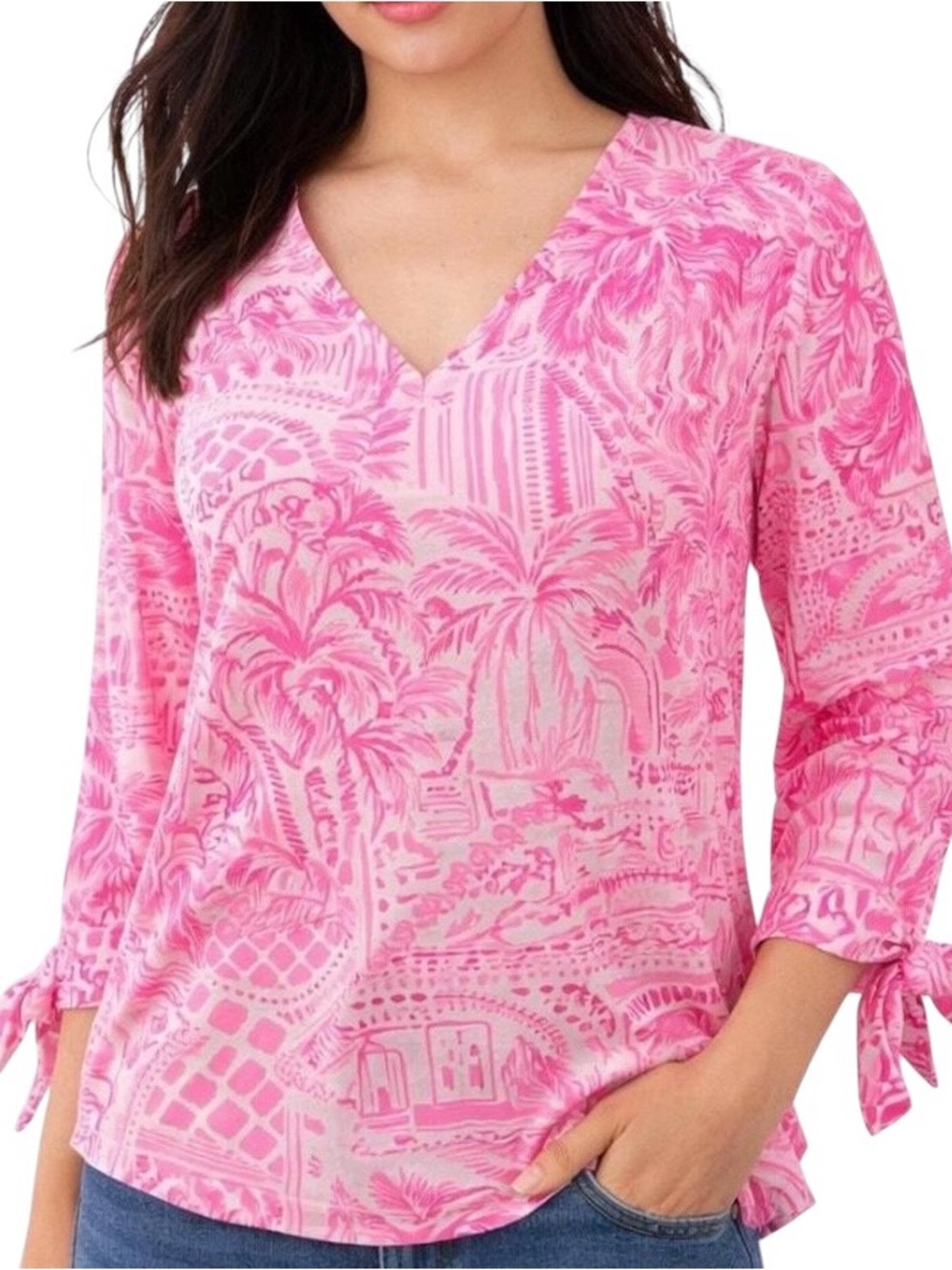 Lilly Pulitzer Palma Blouse Pink White Floral Tie Sleeve V-Neck Top Size S